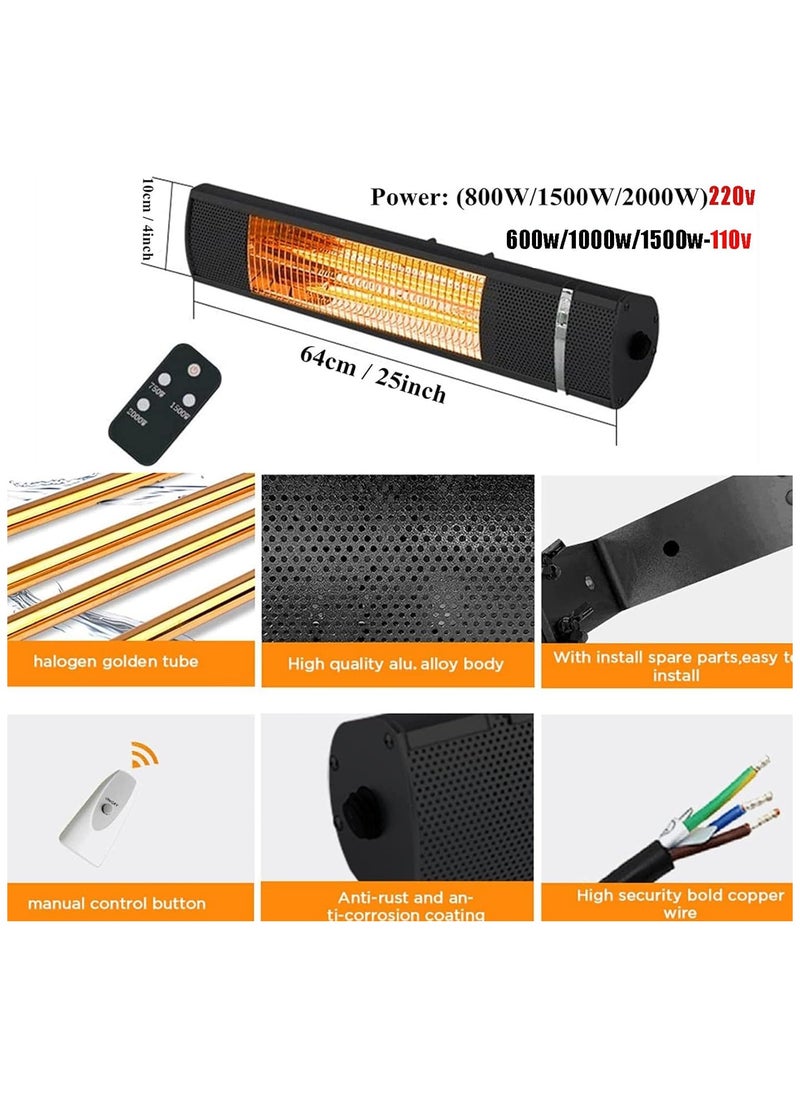 Patio Electric Patio Heater, 2000W Outdoor Infrared Heater, Ceiling/Wall Mounted Outdoor Patio Heater Comes with Tripod Stand, Remote Control, Black  - Image 4