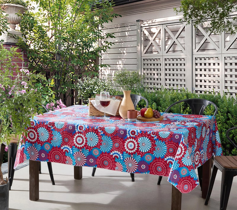Newbridge Rectangle Vinyl Tablecloth with Flannel Backing 60 x 120 Inch USA Pinwheel IndoorOutdoor Vinyl Table Cover Red White and Blue Celebration