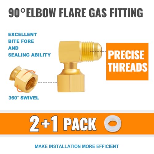 SUNGATOR 90° Elbow Flare Fitting, 3/8" Female Swivel x Male Flare Tube Fittings, 3/8'' Brass 90 Degree Swivel Propane Elbow Adapter for Low Pressure Gas Fired Heaters (2-Pack) - Image 3