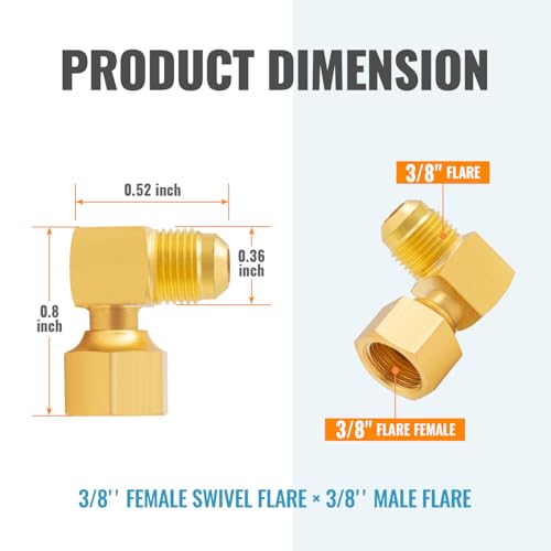 SUNGATOR 90° Elbow Flare Fitting, 3/8" Female Swivel x Male Flare Tube Fittings, 3/8'' Brass 90 Degree Swivel Propane Elbow Adapter for Low Pressure Gas Fired Heaters (2-Pack) - Image 2