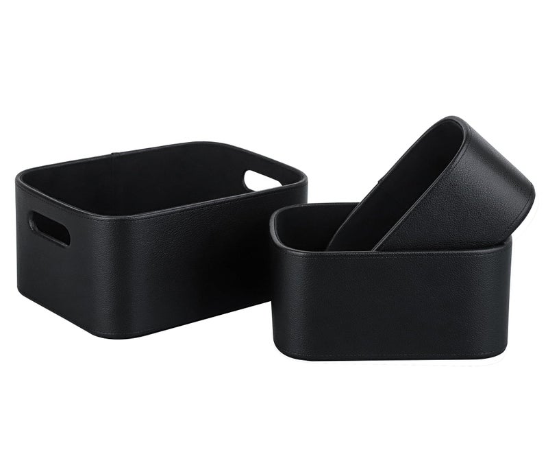 HofferRuffer Faux Leather Storage Baskets Bins with Velvet Lining for Organizing, Storage, Gifts, Set of 3 Nesting Shelf Baskets Decorative Storage Boxes for Home Organization (Black) - Image 1