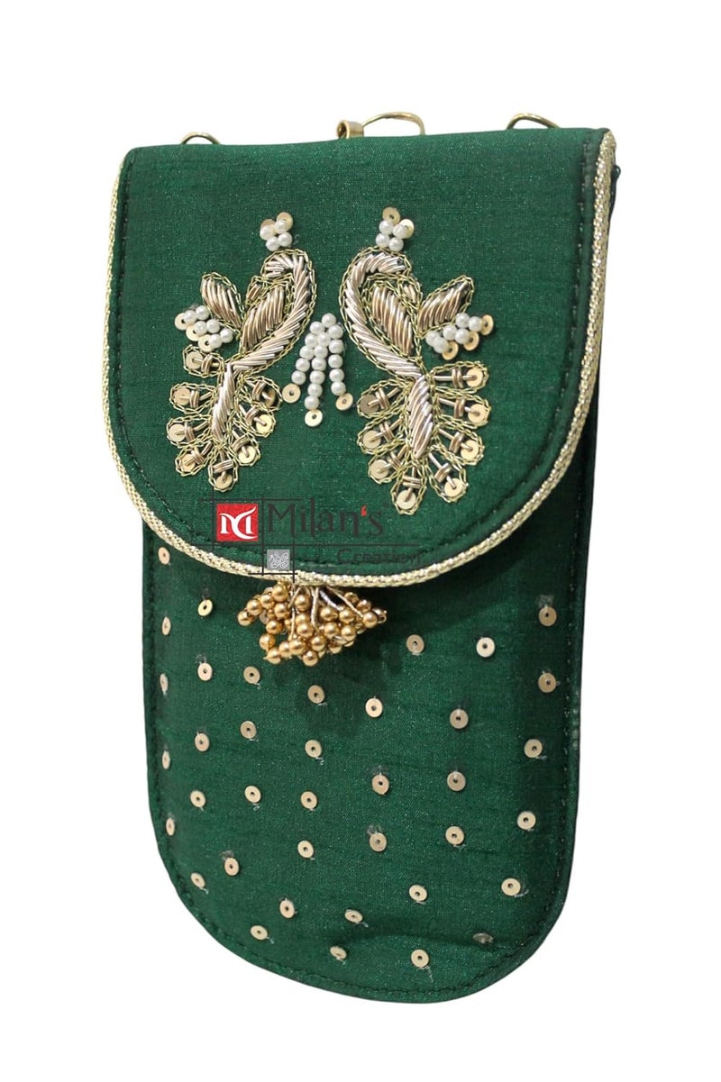 MILAN'S CREATION Mobile Pouch Zardozi & Pearls Hand Embroidery With Waist Clip Hook & Sling Chain (removable) | Ladies Women’s Handbag Wallet Sling Purse | Party Wedding Festival Giveaways Gift - Image 3