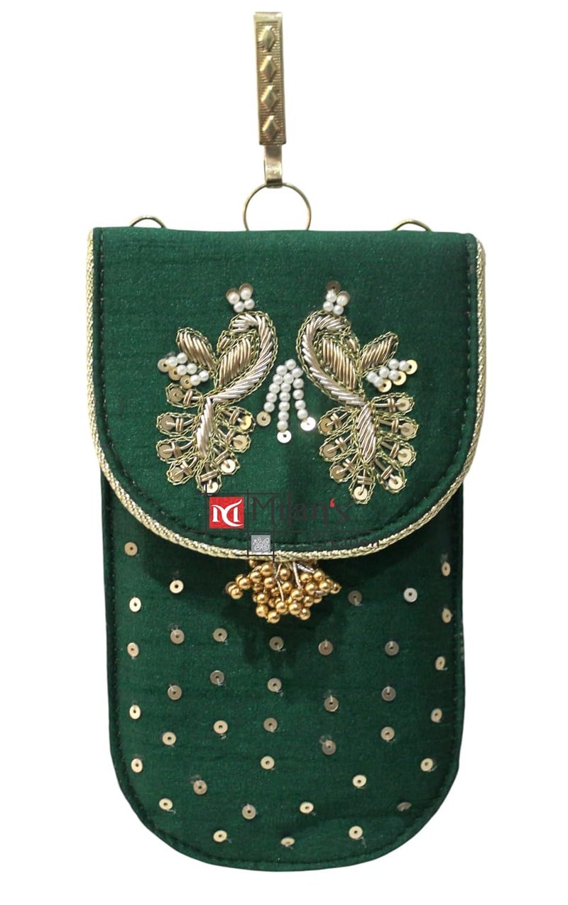 MILAN'S CREATION Mobile Pouch Zardozi & Pearls Hand Embroidery With Waist Clip Hook & Sling Chain (removable) | Ladies Women’s Handbag Wallet Sling Purse | Party Wedding Festival Giveaways Gift - Image 1