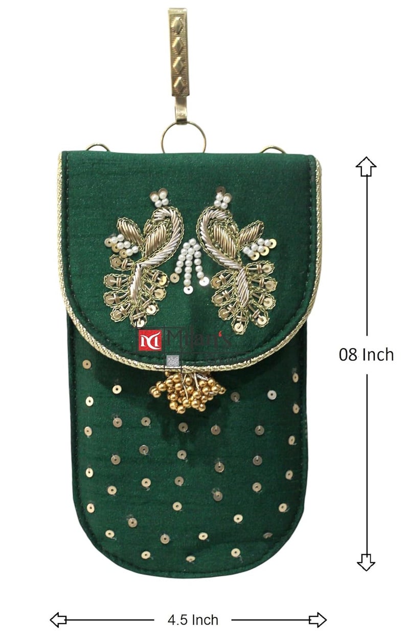 MILAN'S CREATION Mobile Pouch Zardozi & Pearls Hand Embroidery With Waist Clip Hook & Sling Chain (removable) | Ladies Women’s Handbag Wallet Sling Purse | Party Wedding Festival Giveaways Gift - Image 5