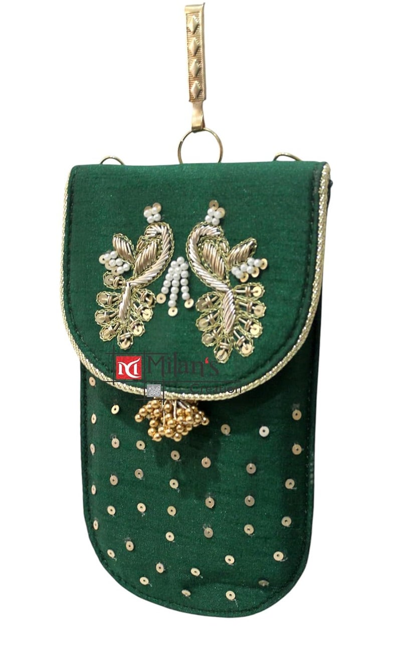 MILAN'S CREATION Mobile Pouch Zardozi & Pearls Hand Embroidery With Waist Clip Hook & Sling Chain (removable) | Ladies Women’s Handbag Wallet Sling Purse | Party Wedding Festival Giveaways Gift - Image 2