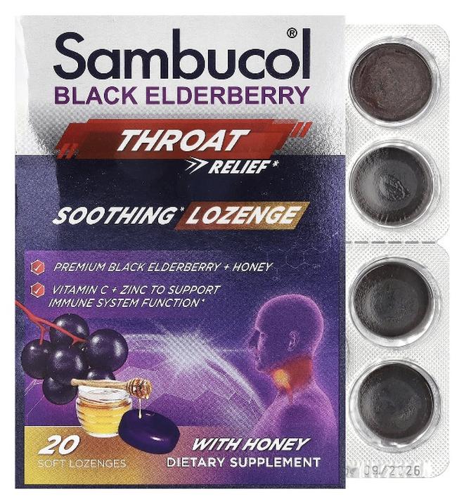 Sambucol, Black Elderberry, Throat Relief, Soothing Lozenge With Honey, 20 Soft Lozenges (Packaging may vary)
