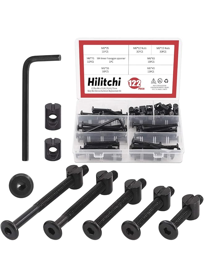 Hilitchi M6 120Pcs Black Hex Socket Head Screws Bolts Barrel Nuts Hardware Assortment Kit for Crib Baby Bed Furniture Cots and Chairs (35mm/45mm/55mm/65mm/75mm-Assortment Kit) - Image 1