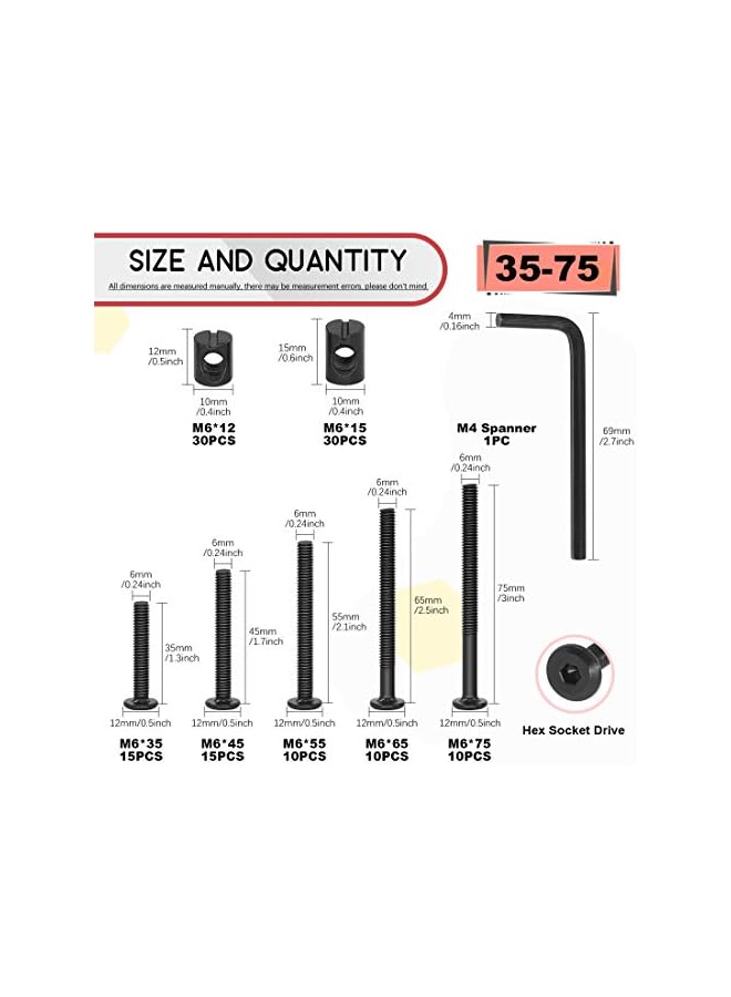 Hilitchi M6 120Pcs Black Hex Socket Head Screws Bolts Barrel Nuts Hardware Assortment Kit for Crib Baby Bed Furniture Cots and Chairs (35mm/45mm/55mm/65mm/75mm-Assortment Kit) - Image 2