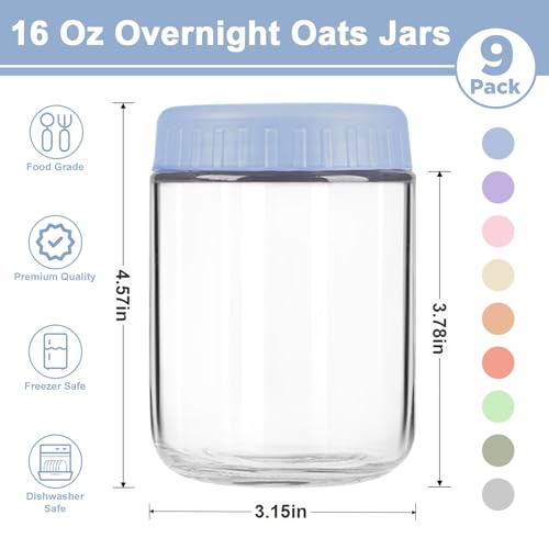 COYACOOL Overnight Oats Containers with Lids, 16oz Wide Mouth Mason Jars with Lids, 9 Pack Glass Jars with Airtight lid for Chia Pudding Yogurt Salad, Meal Prer Oatmeal Jars, Blue - Image 2