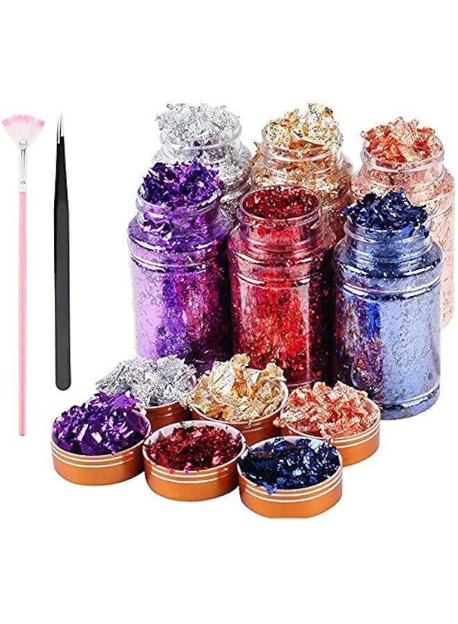 فايلكس رقائق معدية ذية للراتج مع زجاجات وملاقط للرسم والحرف اليدوية والسلايم فضي حاسي احمر ازرق ارجواي) - Image 1
