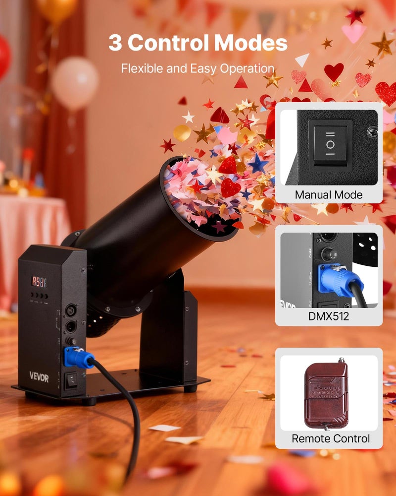 VEVOR Electric Confetti Machine, 1500W Powerful Output Confetti Cannon Launcher, DMX512, Manual & Remote Control, Portable Confe-tti Shooter for Wedding Christmas Party Event Show Stage Nightclub - Image 4
