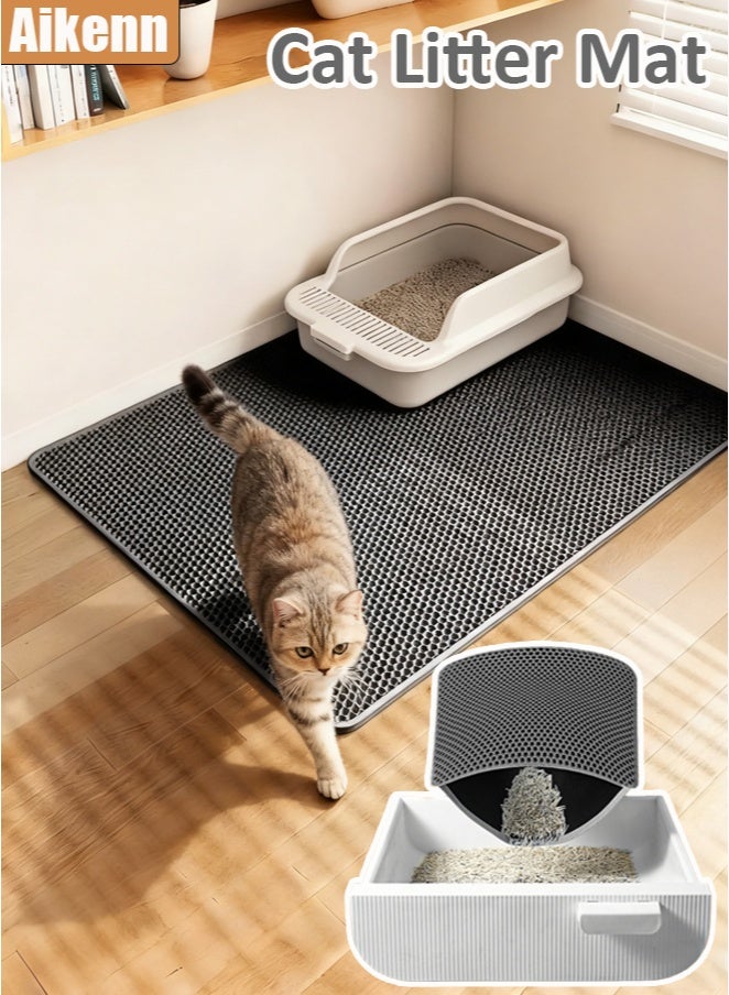 Aikenn 45x60cm Large Honeycomb Cat Litter Trapping Mat - Double Layer Non-Slip Waterproof Urine Proof Kitty Rug, Floor Cat Litter Box Mat, Cat Supplies Black - Image 1
