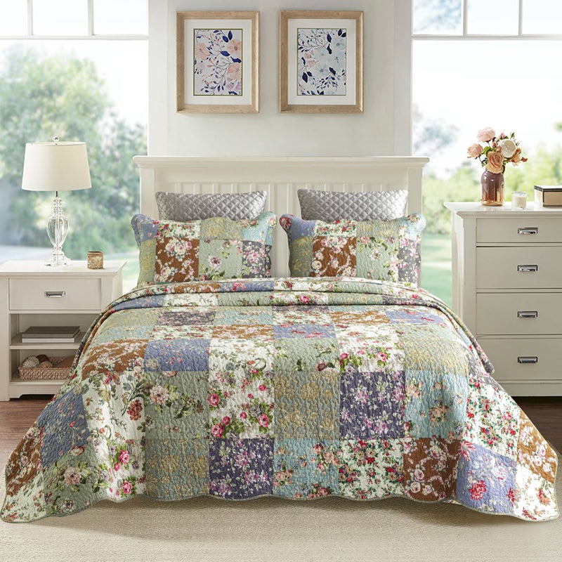 YAYIDAY Quilt King Size Patchwork Bedspread Set - 100% Cotton Reversible Breathable Floral Quilted Quilt with Pillow Shams Fit All Season - Image 2