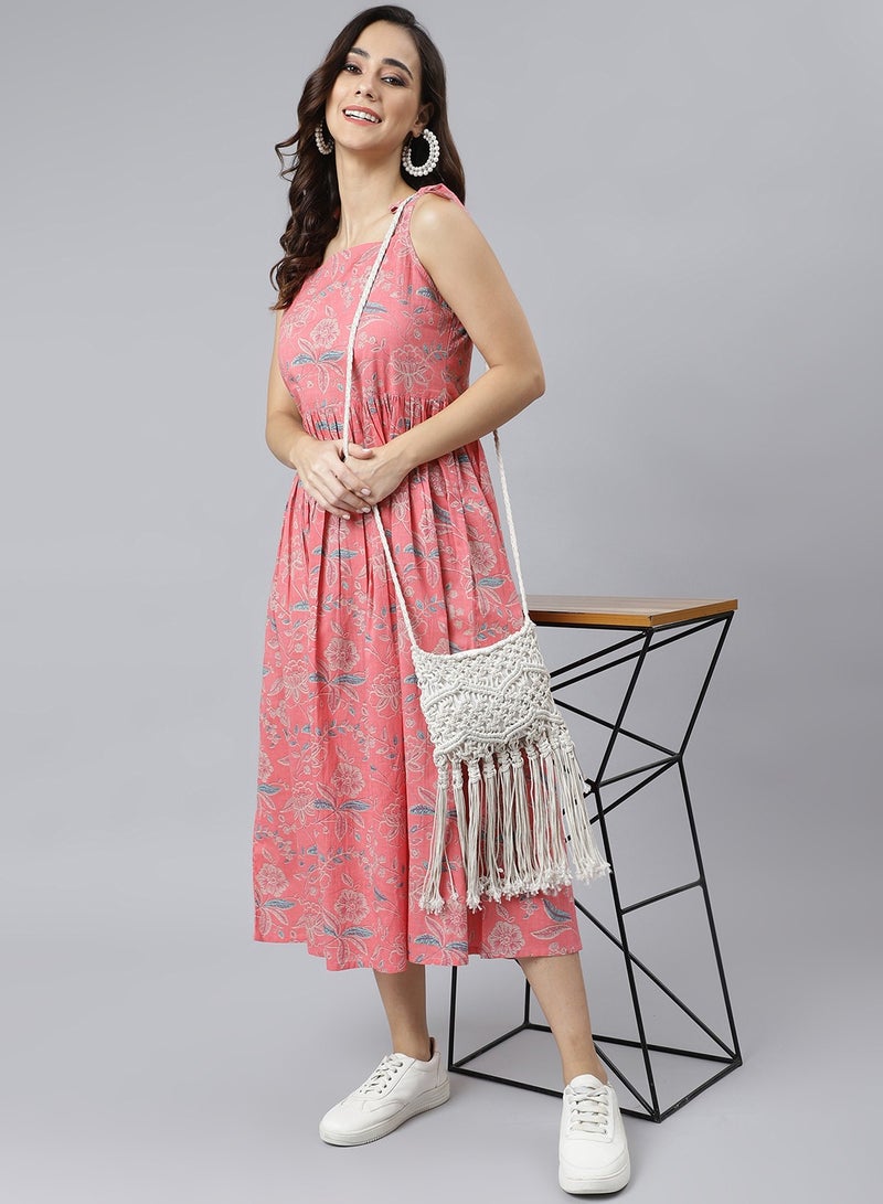 IndHeritage Premium Sleeveless Dress - Latest collection - Cotton light pink colour calf length dress - Stylish trending Indo Western Dress - Image 1