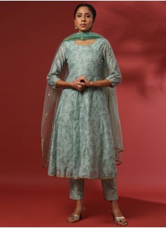 Abhishti Printed 3pc kurta set with embroidered dupatta-mint  - Image 1