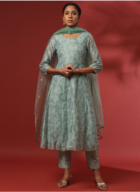 Printed 3pc kurta set with embroidered dupatta-mint