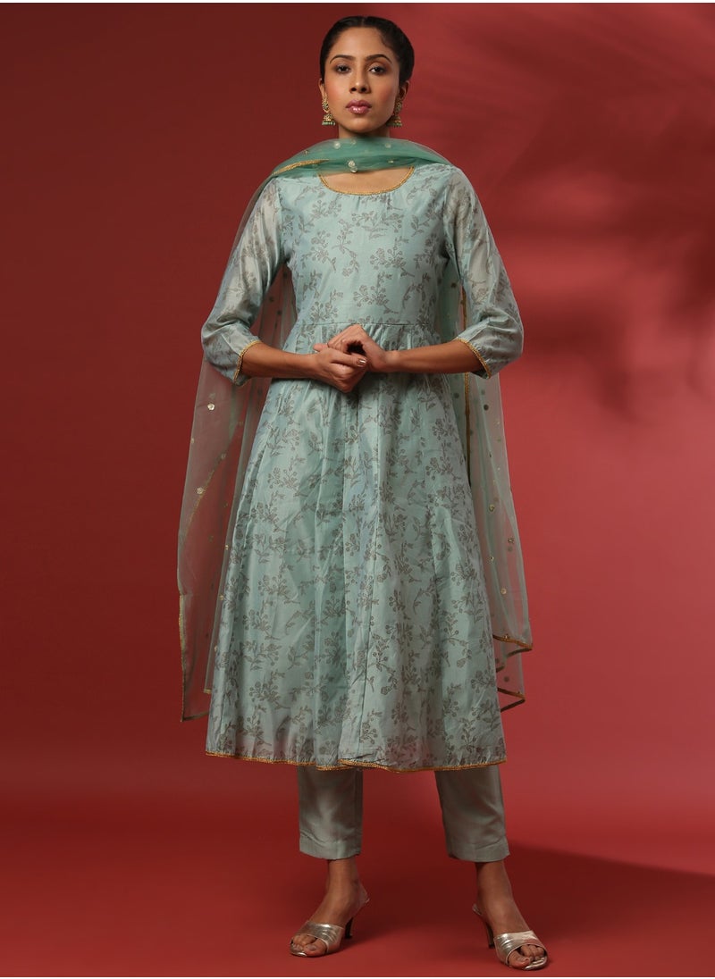 Abhishti - Printed 3pc kurta set with embroidered dupatta-mint - Image 1