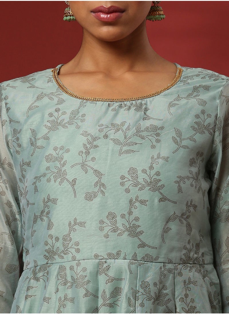 Abhishti - Printed 3pc kurta set with embroidered dupatta-mint - Image 1