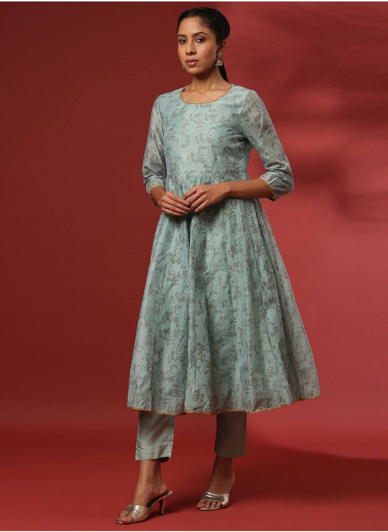 Abhishti - Printed 3pc kurta set with embroidered dupatta-mint - Image 1