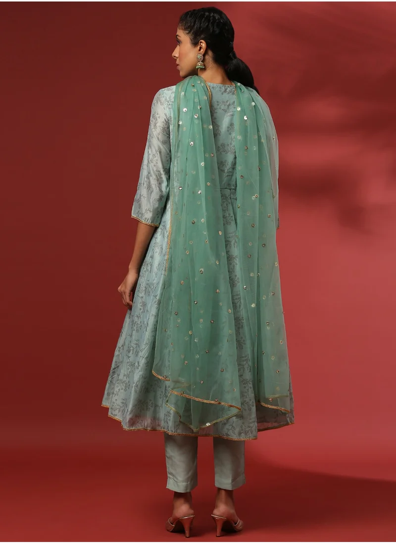 أبهشتي Printed 3pc kurta set with embroidered dupatta-mint
