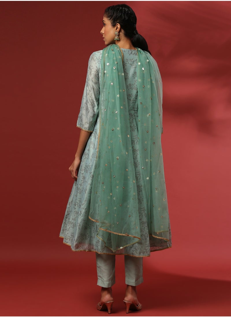 Abhishti - Printed 3pc kurta set with embroidered dupatta-mint - Image 1
