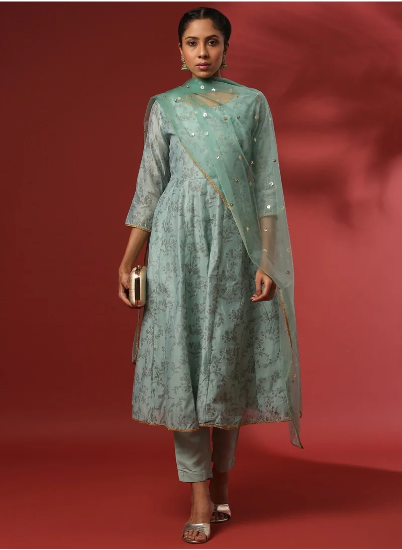 أبهشتي Printed 3pc kurta set with embroidered dupatta-mint