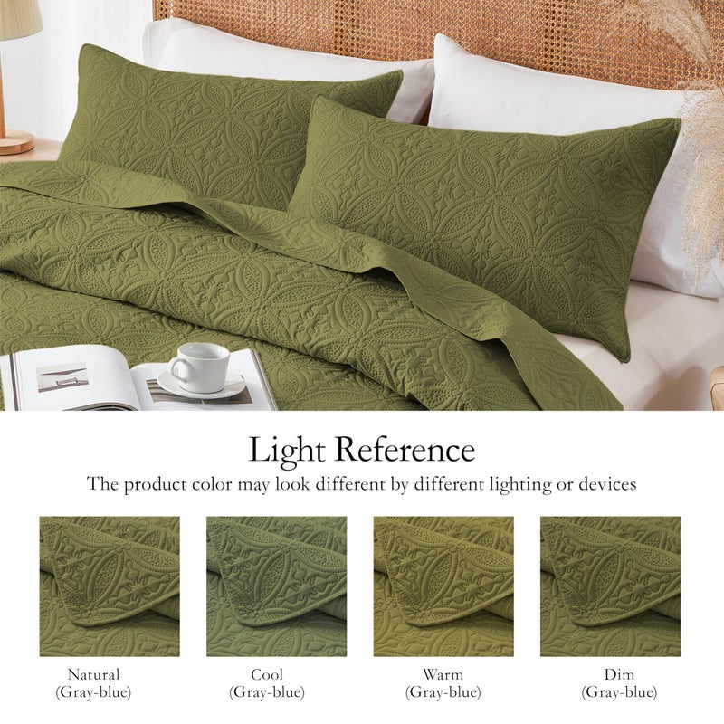 WURUIBO Full/Queen Quilt Set Olive Green, Microfiber Lightweight Bedspreads, Ultrasonic Embossed Solid Coverlet, Thin Bedding Set for All Season, Soft Breathable Bed Cover(1 Quilt, 2 Pillow Shams) - Image 4