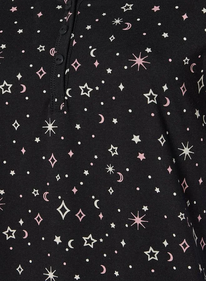 سبلاش فيڤ Knee Length Night Dress Short Sleeves with Celestial Print Cotton