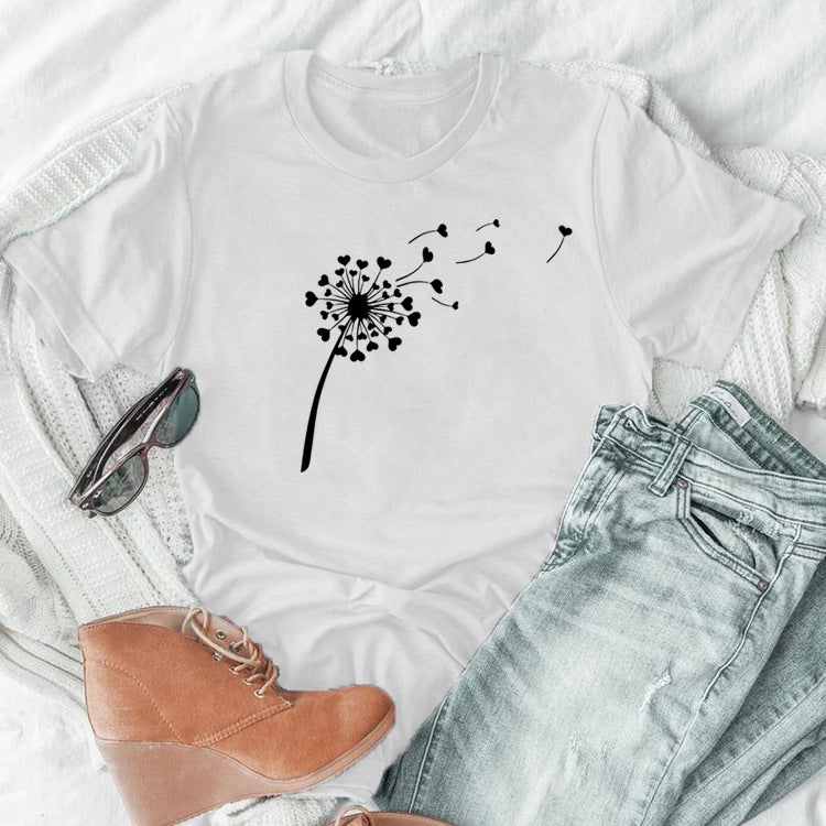 wish independent station foreign trade cross-border dandelion casual simple T-shirt round neck casual ladies short-sleeved shirt Pink(black font) XL - Image 5