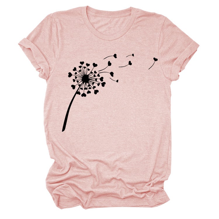 wish independent station foreign trade cross-border dandelion casual simple T-shirt round neck casual ladies short-sleeved shirt Pink(black font) XL - Image 1