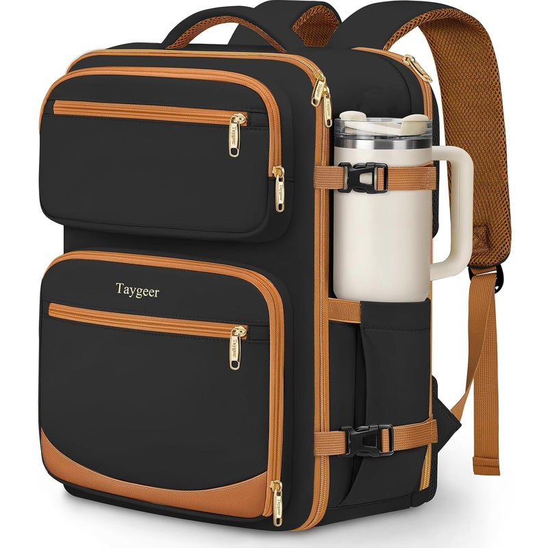 Taygeer Frontier Airlines Personal Item Bag 18x14x8, Underseat Carry on Backpack with Makeup Compartment, 40L Travel Backpack for Women & Men Fits Spirit Frontier Allegiant, Black Brown - Image 1