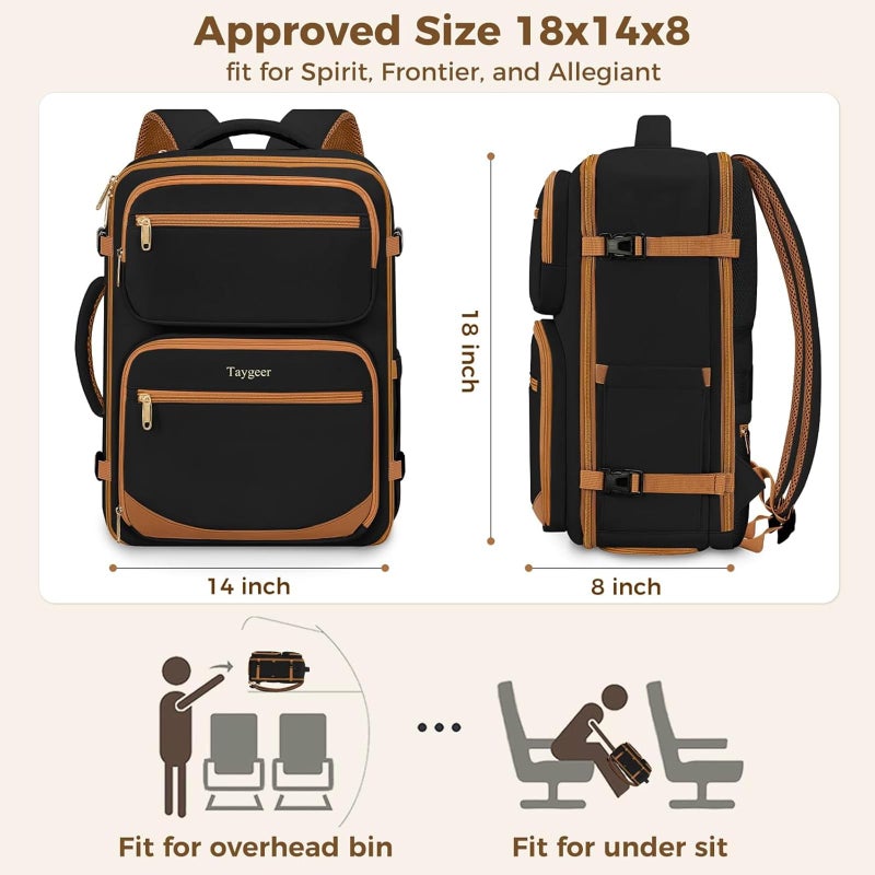 Taygeer Frontier Airlines Personal Item Bag 18x14x8, Underseat Carry on Backpack with Makeup Compartment, 40L Travel Backpack for Women & Men Fits Spirit Frontier Allegiant, Black Brown - Image 3