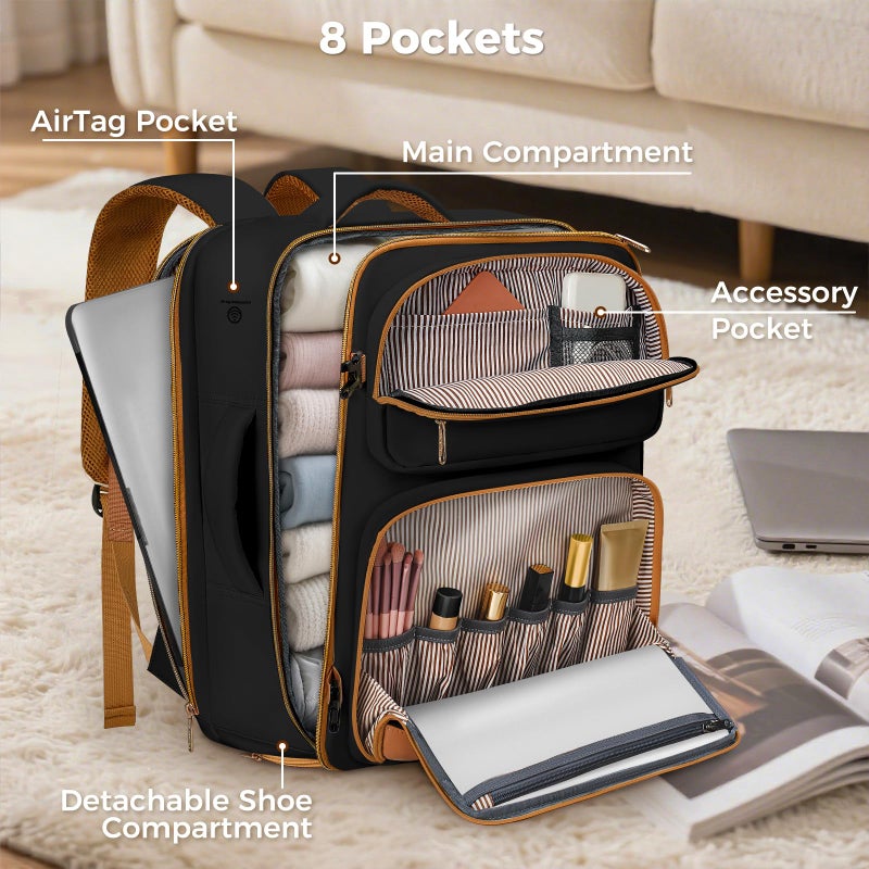 Taygeer Frontier Airlines Personal Item Bag 18x14x8, Underseat Carry on Backpack with Makeup Compartment, 40L Travel Backpack for Women & Men Fits Spirit Frontier Allegiant, Black Brown - Image 4