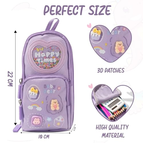 Brand Conquer Canvas School Bag Pencil Case, 3 Layer 6 Compartment Large Capacity, Aesthetic Pencil Pouch for Stationary for Kids, Pencil Case for Girls & Boys, Gift for Children (Purple) - Image 2