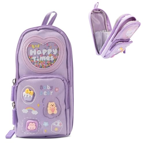 Brand Conquer Canvas School Bag Pencil Case, 3 Layer 6 Compartment Large Capacity, Aesthetic Pencil Pouch for Stationary for Kids, Pencil Case for Girls & Boys, Gift for Children (Purple) - Image 1