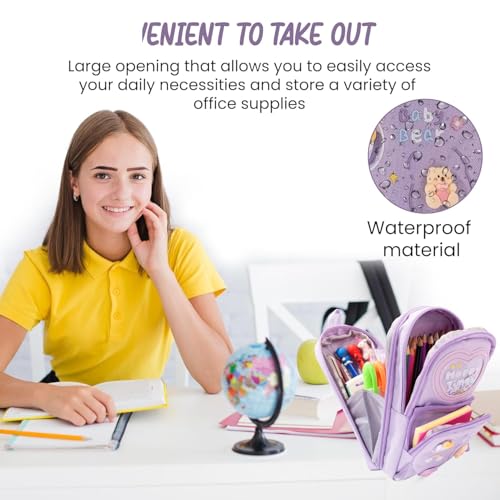 Brand Conquer Canvas School Bag Pencil Case, 3 Layer 6 Compartment Large Capacity, Aesthetic Pencil Pouch for Stationary for Kids, Pencil Case for Girls & Boys, Gift for Children (Purple) - Image 5