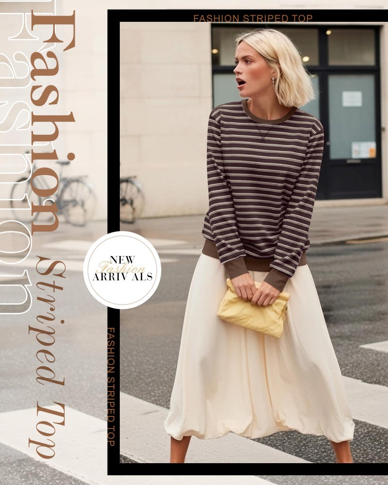 Xaatren Women's Oversized Striped Sweatshirt Fleece Long Sleeve Color Block Crew Neck Shirt Loose Soft Casual Pullover Top(Chocolate Beige,Medium) - Image 3
