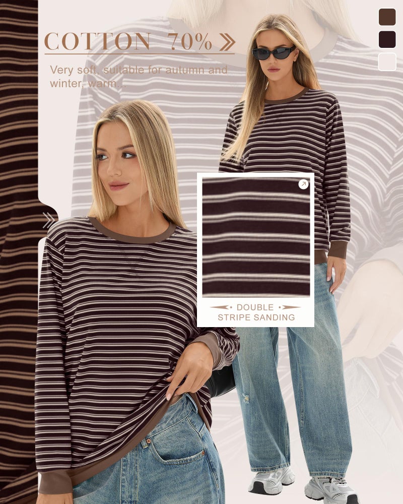 Xaatren Women's Oversized Striped Sweatshirt Fleece Long Sleeve Color Block Crew Neck Shirt Loose Soft Casual Pullover Top(Chocolate Beige,Medium) - Image 5