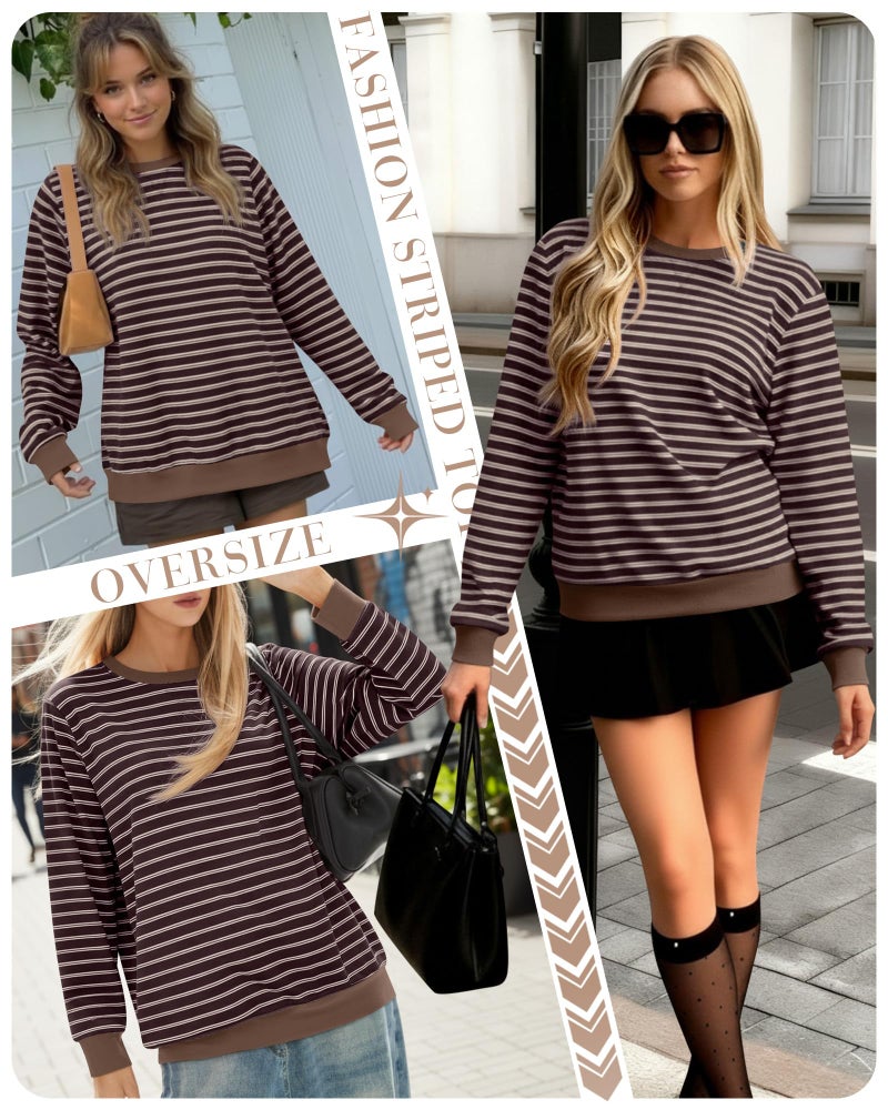 Xaatren Women's Oversized Striped Sweatshirt Fleece Long Sleeve Color Block Crew Neck Shirt Loose Soft Casual Pullover Top(Chocolate Beige,Medium) - Image 2