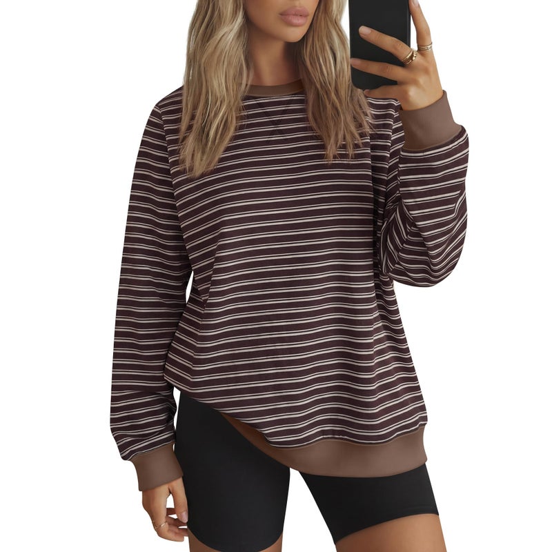 Xaatren Women's Oversized Striped Sweatshirt Fleece Long Sleeve Color Block Crew Neck Shirt Loose Soft Casual Pullover Top(Chocolate Beige,Medium) - Image 1