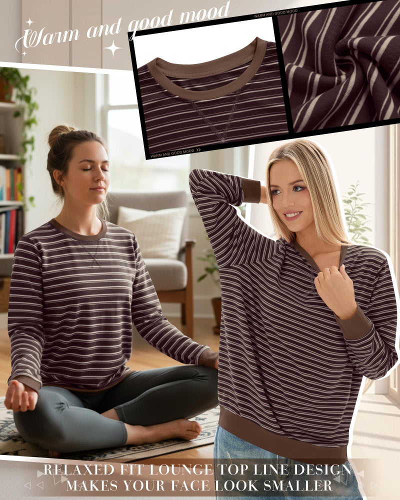 Xaatren Women's Oversized Striped Sweatshirt Fleece Long Sleeve Color Block Crew Neck Shirt Loose Soft Casual Pullover Top(Chocolate Beige,Medium) - Image 4