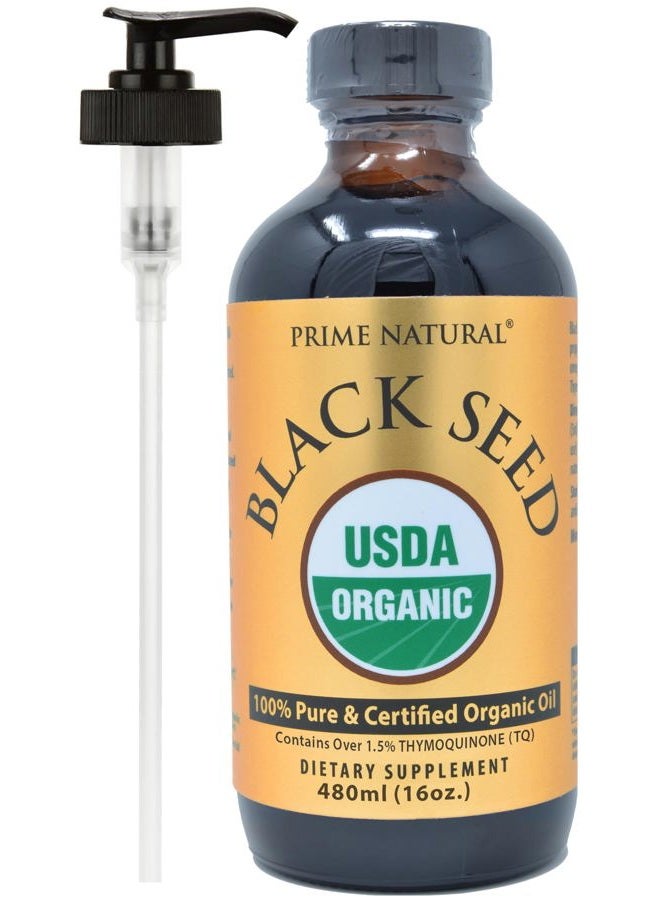 Prime Natural زيت الحبة السوداء العضوي 16 أونصة - معصور على البارد غير مكرر عالي الثيموكينون 1.7% معتمد من وزارة الزراعة الأمريكية - أصل تركي سائل نيجلا سativa قوي - نباتي أوميغا 3 6 9، مضاد للأكسدة - Image 1