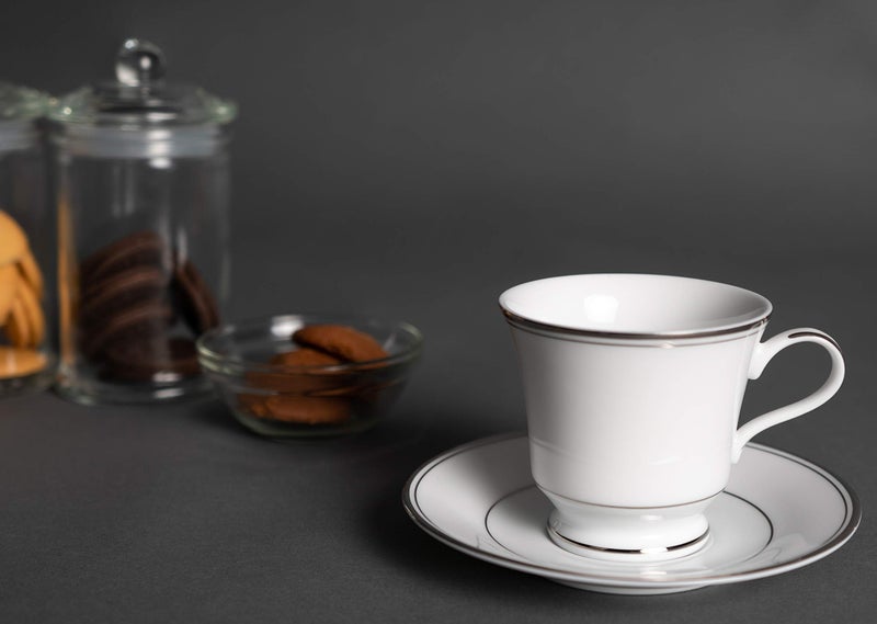 DANKOTUWA, world-class tableware Dankotuwa Luxury Platinum Tea Coffee Cup and Saucer Set for 6 (12 Pcs, 210ml) | Fine Porcelain | Vegan, Scratch Resistant, Dishwasher Safe, Gift for Anniversary (Infinity Platinum) - Image 4