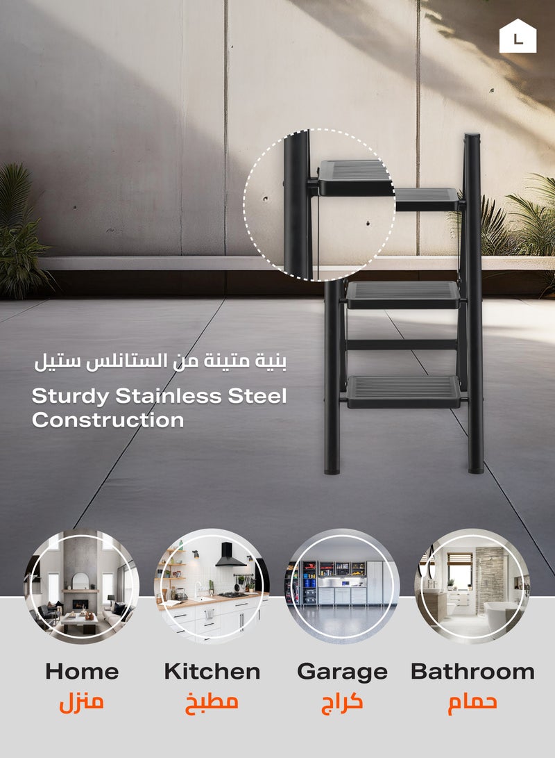 لوازم سلم 3 درجات قابل للطي - سلم متنقل بدرجات واسعة مانعة للانزلاق، مقبض مبطن، تصميم موفر للمساحة، هيكل متين، وقواعد مانعة للخدوش - مناسب للاستخدام الداخلي والخارجي.  - Image 4