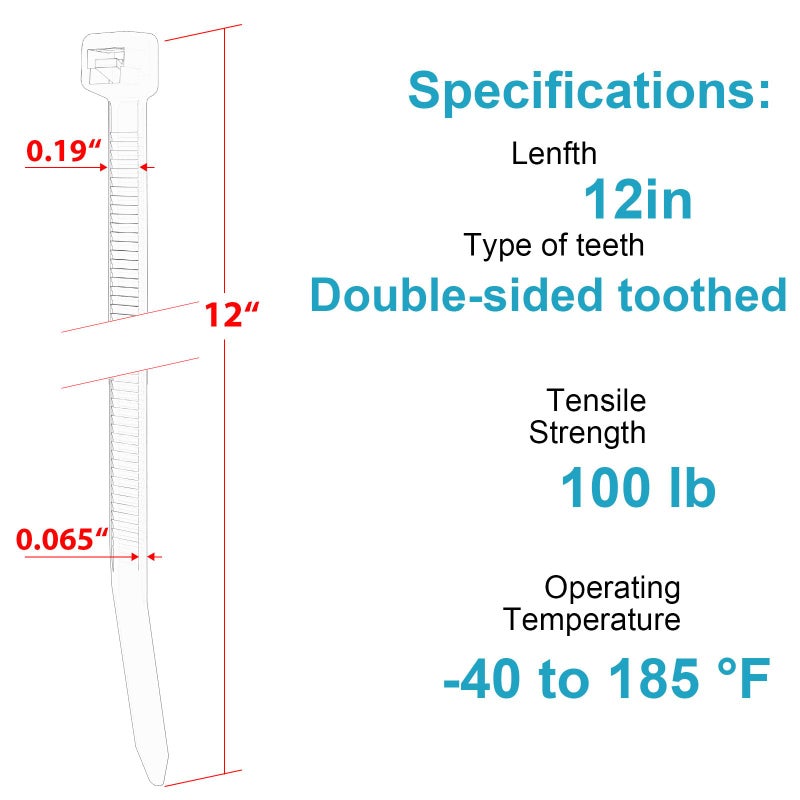 JIANYANG 12 Inch Zip Ties Double Sided Toothed,100 LBS Tensile Strength Heavy Duty Cable Wire Ties With Self-Locking Adjustable More Durable Nylon Tie Wraps for Indoor Outdoorï¼ˆ100 Packï¼‰ - Image 2