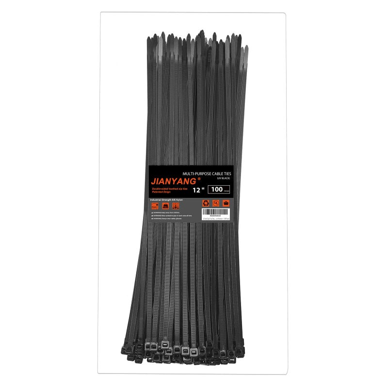 JIANYANG 12 Inch Zip Ties Double Sided Toothed,100 LBS Tensile Strength Heavy Duty Cable Wire Ties With Self-Locking Adjustable More Durable Nylon Tie Wraps for Indoor Outdoorï¼ˆ100 Packï¼‰ - Image 1