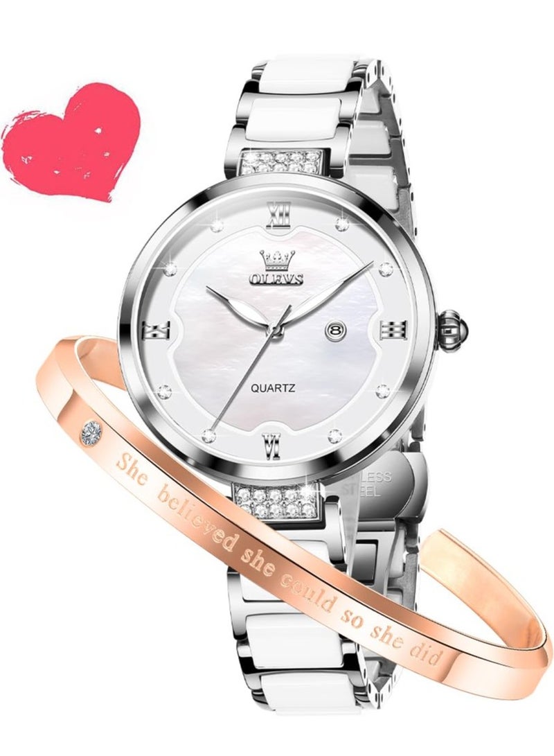 أوليفز ساعة OLEVS النسائية الأنيقة بسوار سيراميك، مرصعة بالألماس، مقاومة للماء، مضيئة، كوارتز، رسمية، 5589 - Image 1