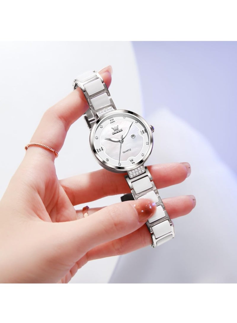 أوليفز ساعة OLEVS النسائية الأنيقة بسوار سيراميك، مرصعة بالألماس، مقاومة للماء، مضيئة، كوارتز، رسمية، 5589 - Image 2