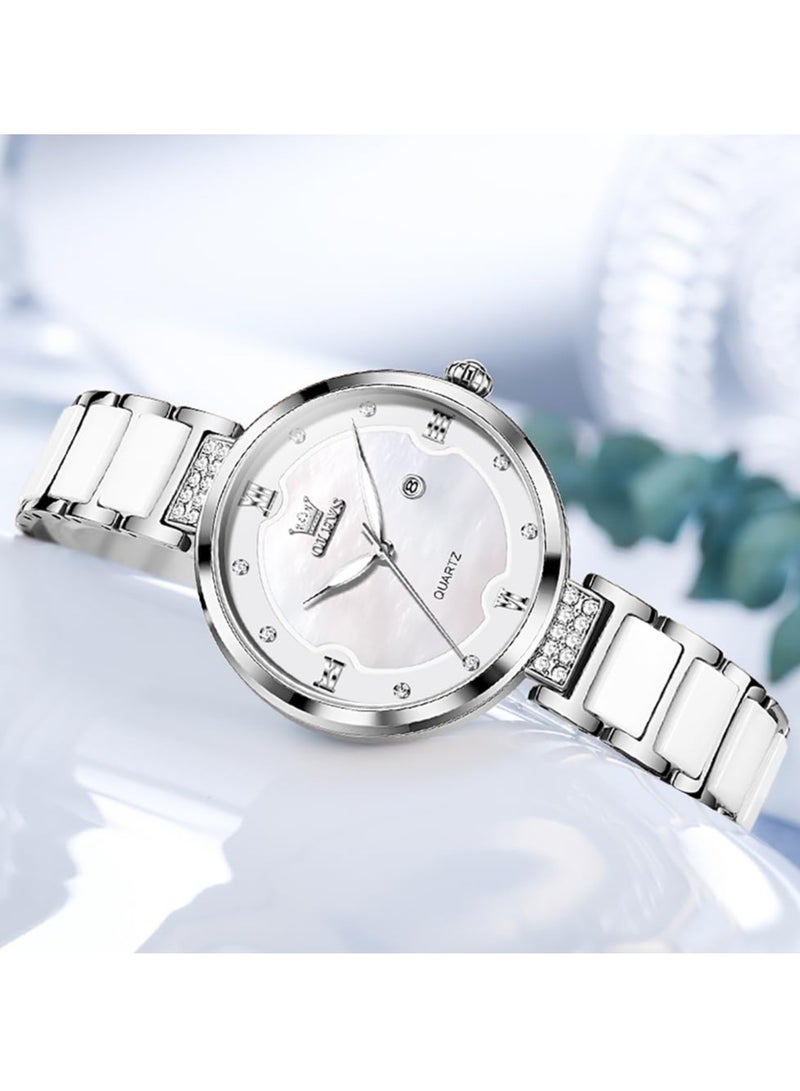 أوليفز ساعة OLEVS النسائية الأنيقة بسوار سيراميك، مرصعة بالألماس، مقاومة للماء، مضيئة، كوارتز، رسمية، 5589 - Image 3