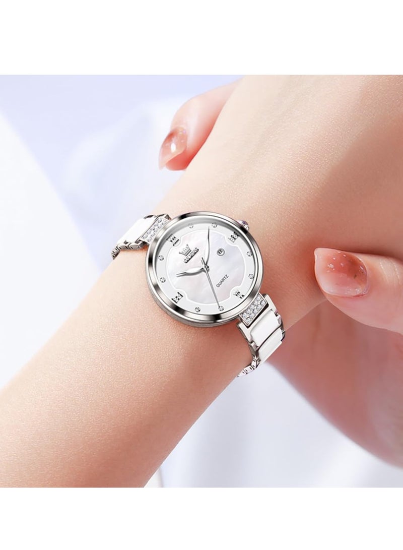 أوليفز ساعة OLEVS النسائية الأنيقة بسوار سيراميك، مرصعة بالألماس، مقاومة للماء، مضيئة، كوارتز، رسمية، 5589 - Image 4